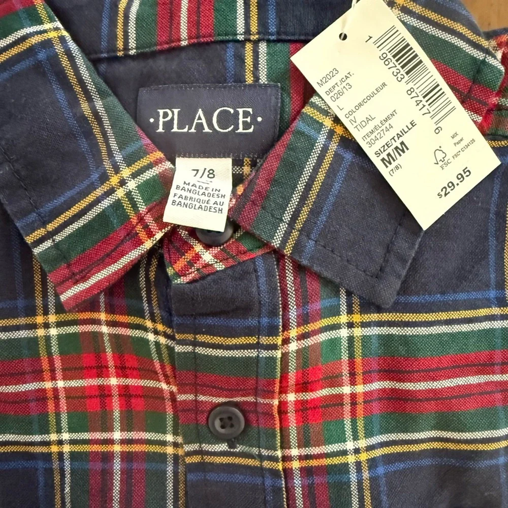 The Children's Place Boys Plaid Oxford Button Down Shirt NWT Size M 7/8